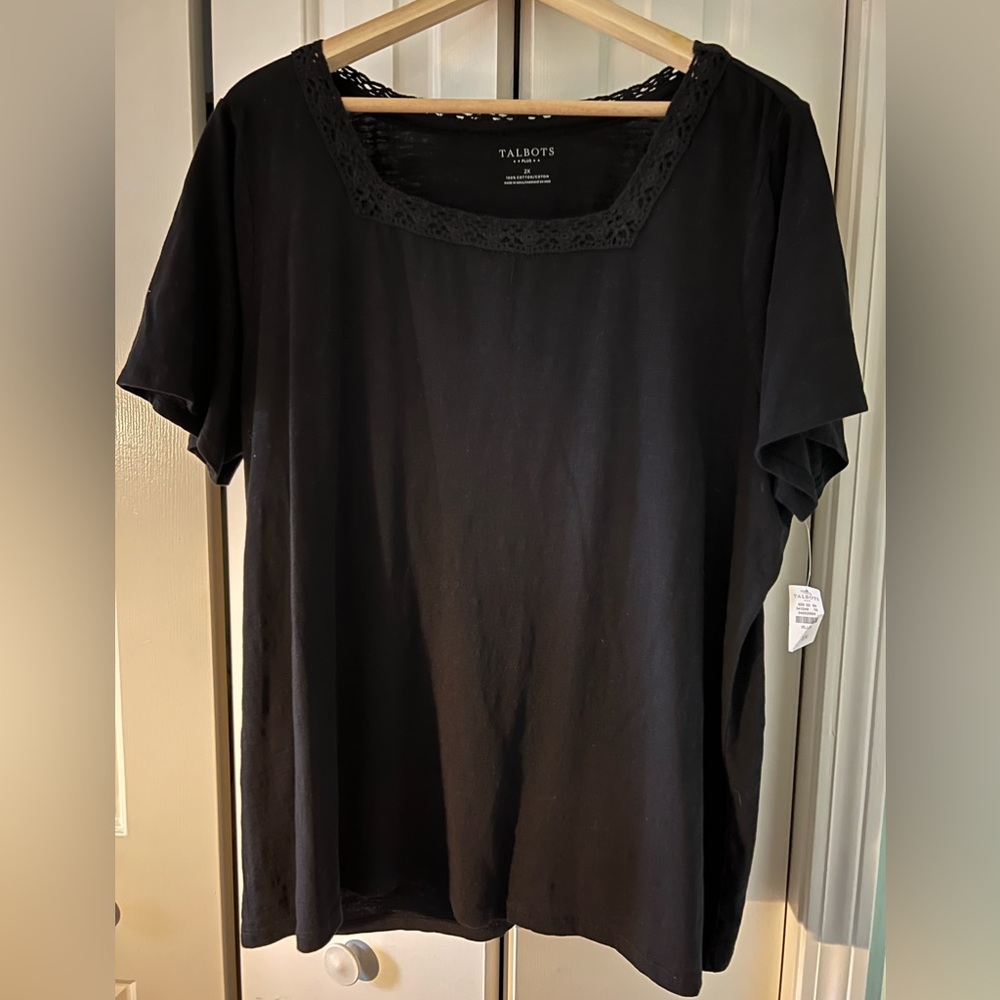 Talbots Black Cotton Short Sleeve Top with Black Lace